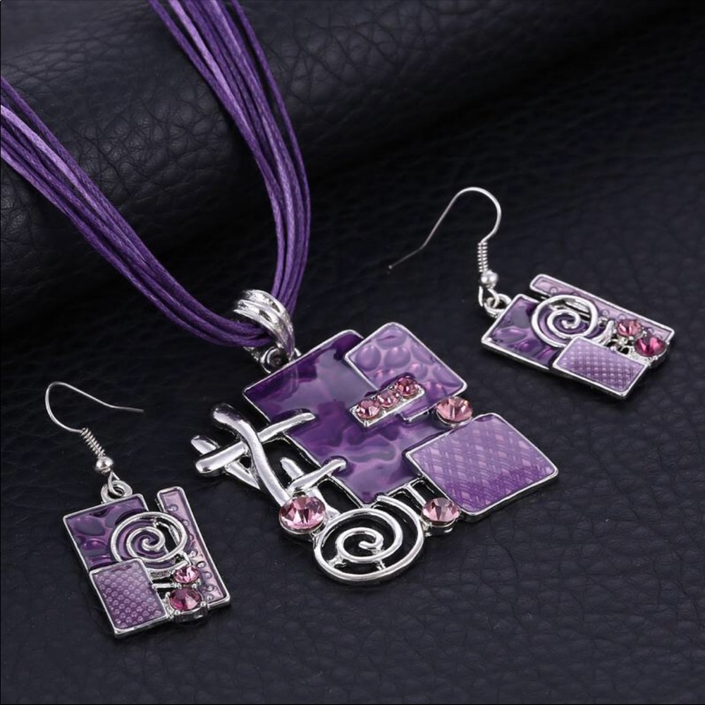 Leather Geometric Necklace & Matching Earrings Set